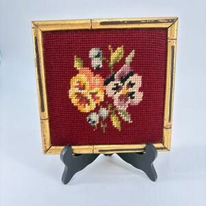 Vintage Needlepoint Floral Pansy Art Gold Faux Bamboo Frame Burgundy 6x6